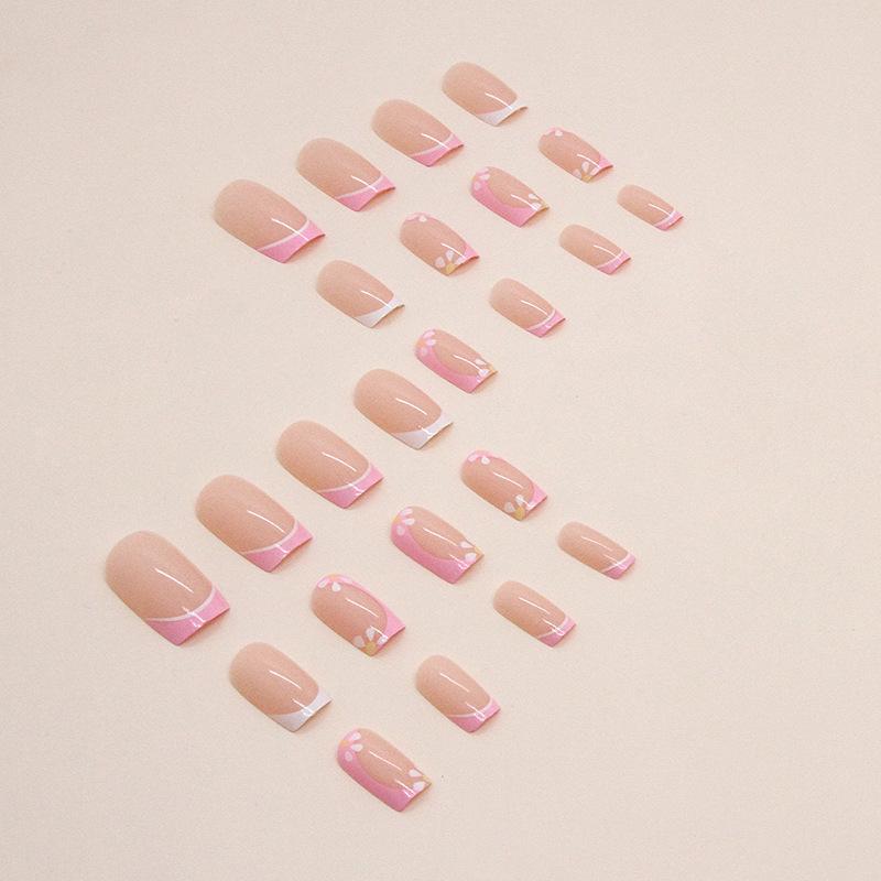 Pink French girl medium and long European and American ins style fake nails cute and sweet flowers wearing armor