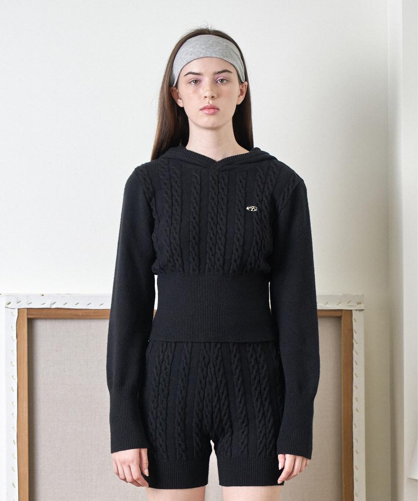 AMES-WORLDWIDE Crop Cable Hoodie Knit Black