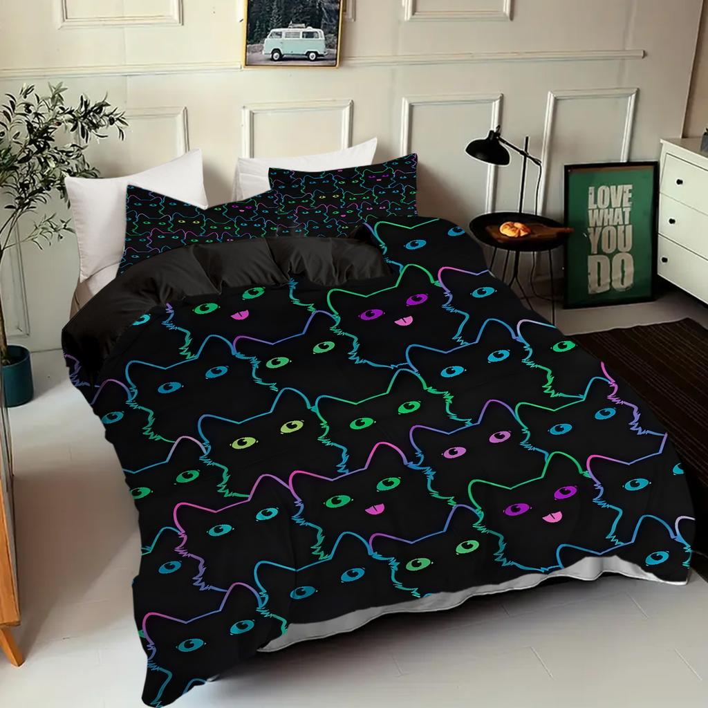 Gradient Line Cats 3D Printed Bedding Cover Animal Theme Comfortable Quilt Cover Cartoon Cat All Seasons Duvet Cover Pillowcases