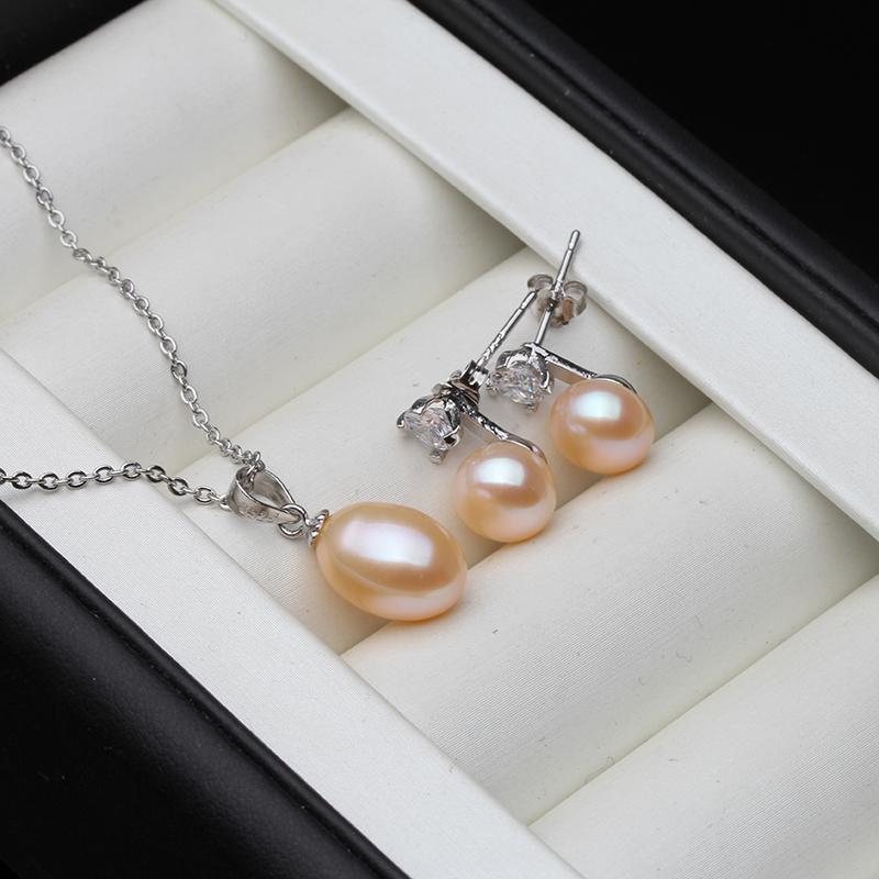 Real Freshwater Natural Pearl Set For Women,Wedding 925 Sterling Silver Pearl Necklace Earring Sets Wife Mom Engagement Gift