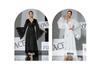 Black & White Satin Morning Robe with Flared Sleeves, Lace Accents, Long Style, Tie Belt, and Train Hem