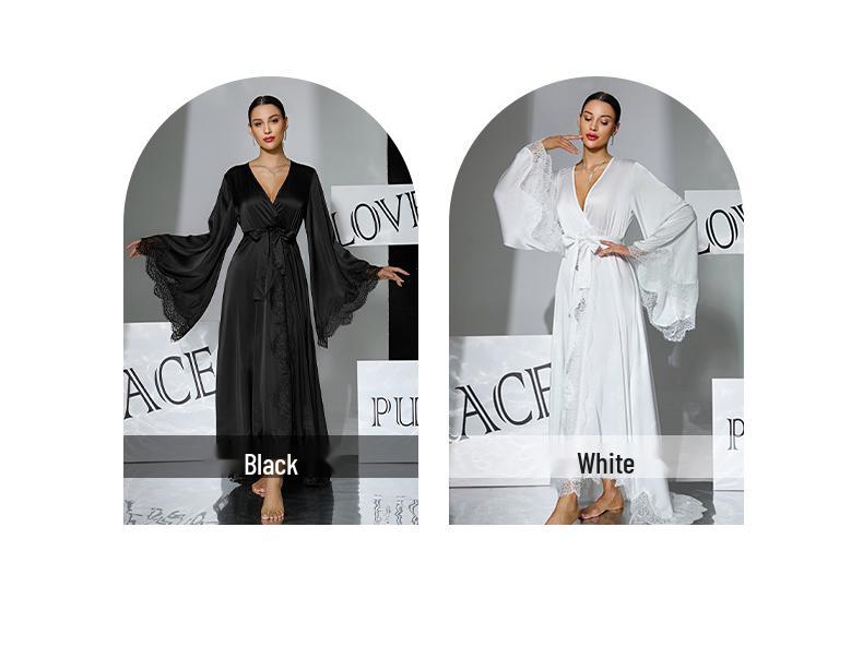 Black & White Satin Morning Robe with Flared Sleeves, Lace Accents, Long Style, Tie Belt, and Train Hem
