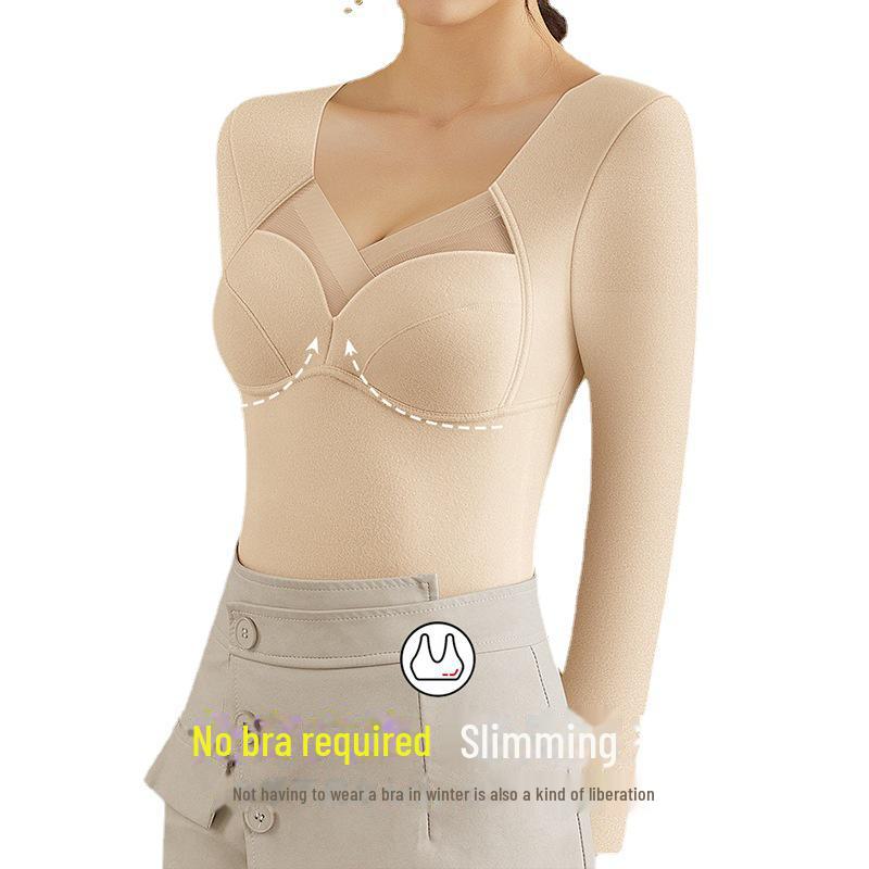 3901 Long-Sleeve Women's Warm V-Neck Tulle Top with One-Piece Cup