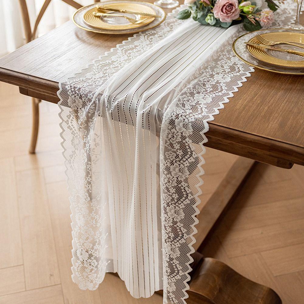 Semi-Sheer Lace Jacquard Table Runner Hollowed Out Rectangular Lace Tablecloth Kitchen
