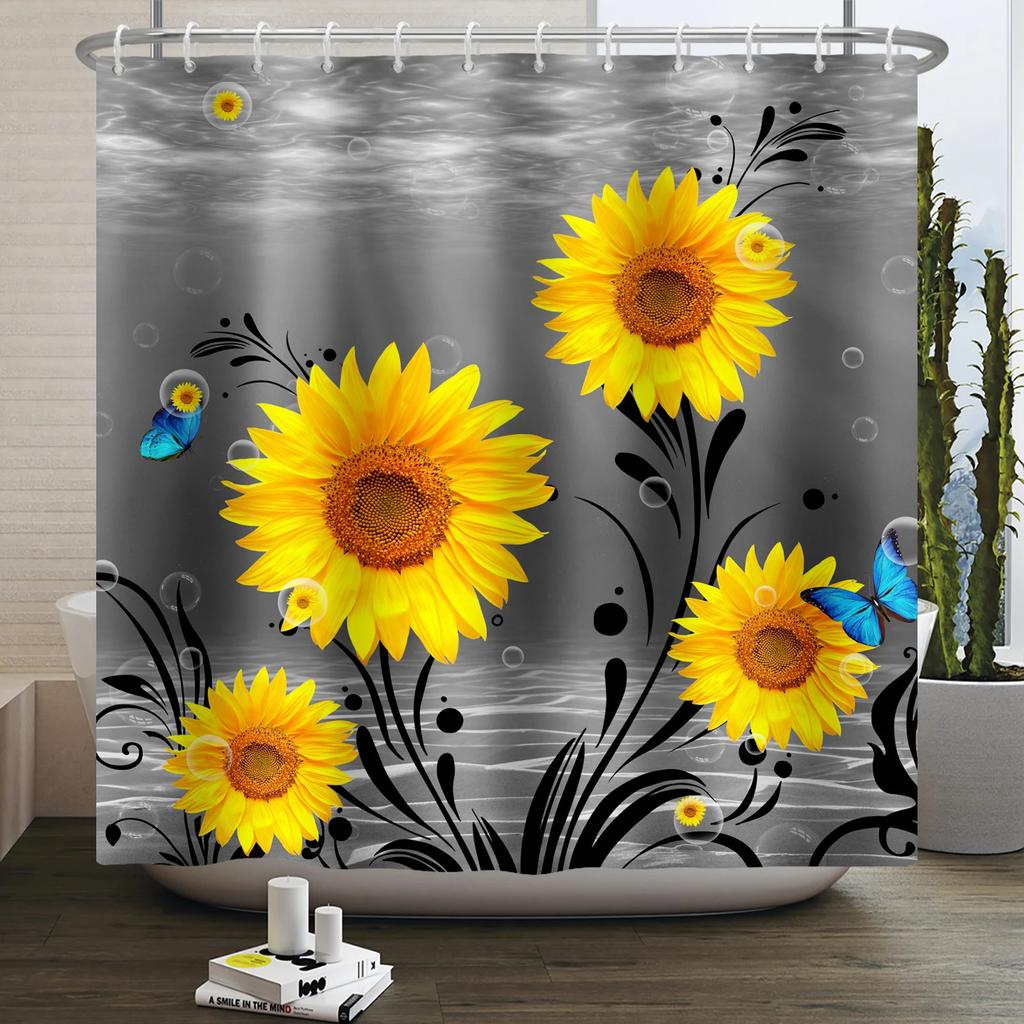 Rustic Sunflower Daisy Shower Curtain Butterfly Floral Vintage Country Farmhouse Flower Wooden Board Waterproof Bathroom Curtain