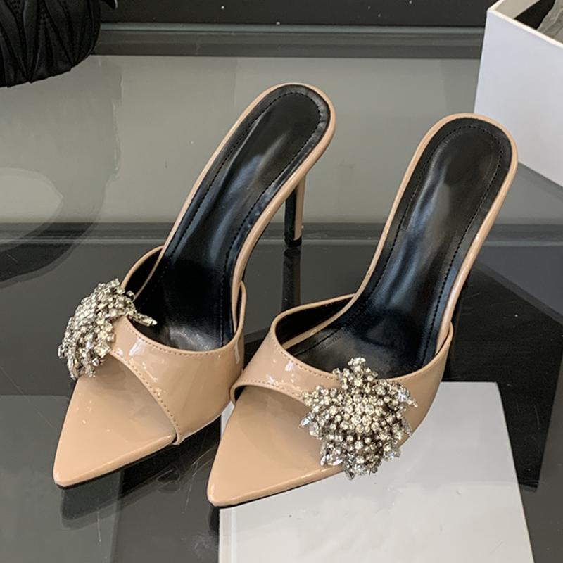 Designer Red Patent Leather Women Slippers Sandals Sexy Pointed Open Toe Rhinestone High Heels Summer Party Dress Shoes