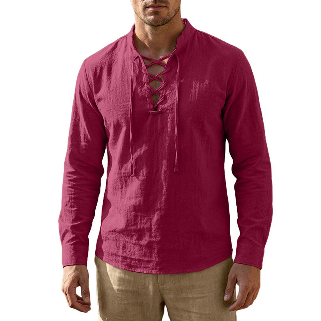 Herren Baumwoll-Leinen Kordelzugkragen Langarm Oberteil Herren Lässig Stilvolles Langarmhemd
