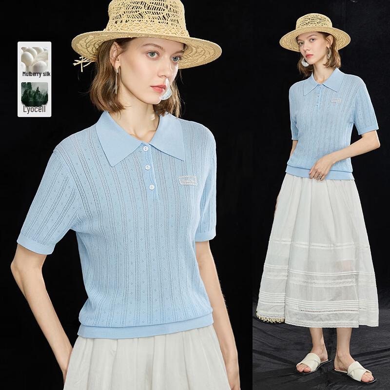 Wudao Women s Breathable Silk Blend Jacquard Knit Polo T-Shirt XL