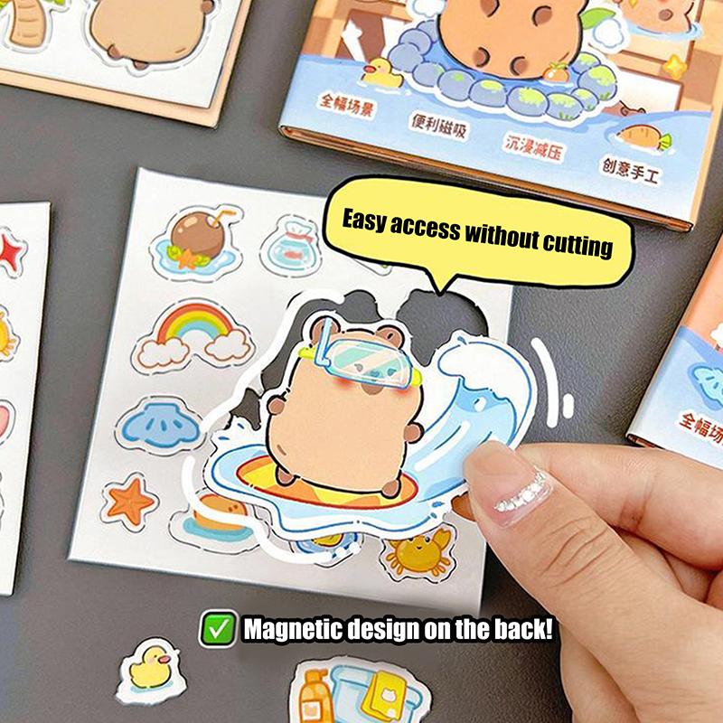 Urocza Kapibara Magnetyczna Cicha Książeczka Małe Magnetyczne Naklejki Edukacyjne dla Dzieci Bez Wycinania Można Naklejać Wielokrotnie Książeczka z Naklejkami