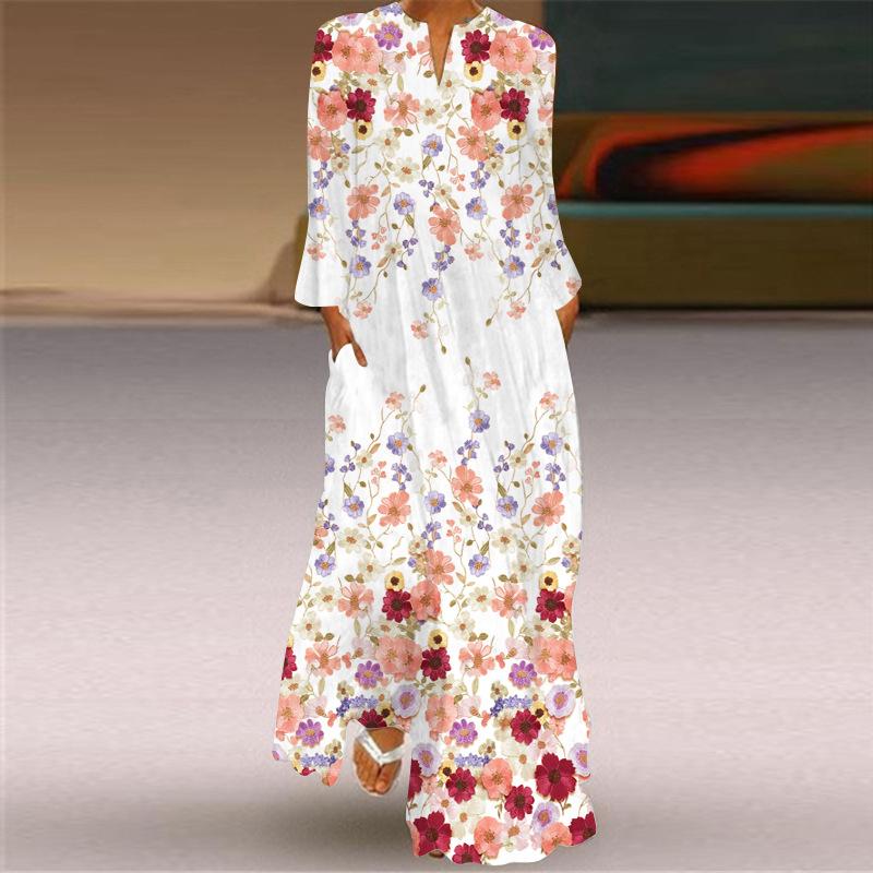 Damen Maxikleid mit floraler Stickerei und Taschen Böhmisches Sommerkleid