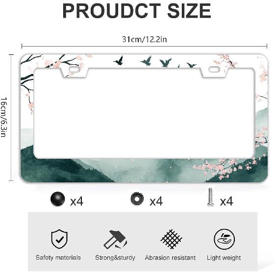 Mounta Cherry Blossom License Plate Frames - 2 Pcs Set 2 Holes Stainless Steel Metal Auto Car Accessories Decoration License Plate Frame Cover Size