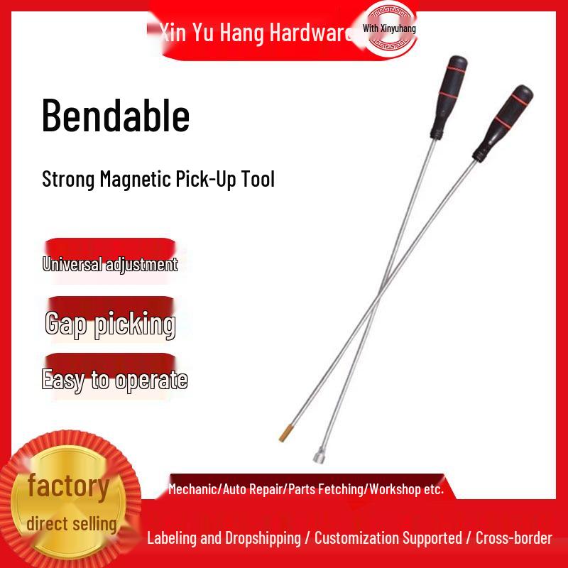 Black Handle Magnetic Pickup Tool - Bendable Metal Stick for Car Repair