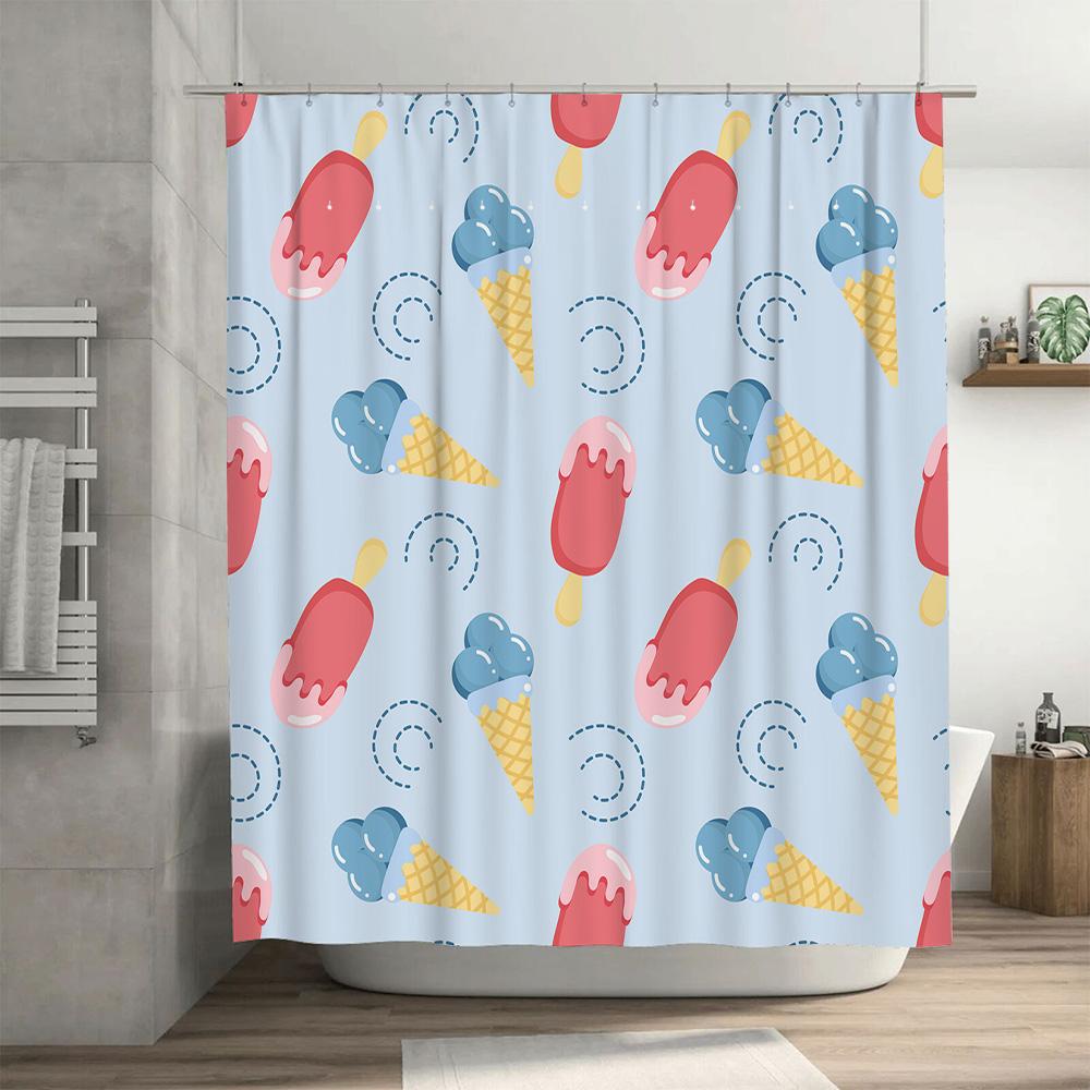 Ice Cream Cone Shower Curtain Waterproof Fabric Bathroom Decor Blue Red Colorful Pattern (C632) [Promotional]
