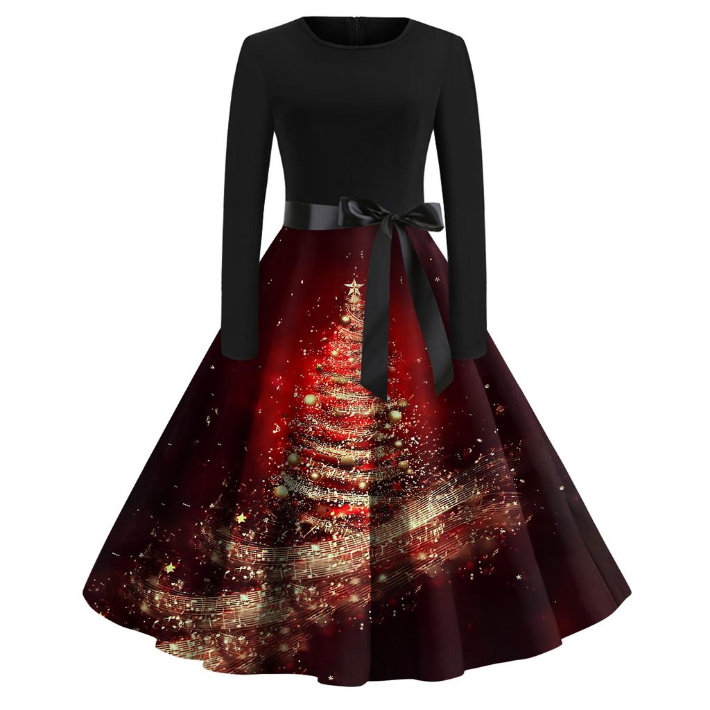 Dámské módní ležérní šaty s kulatým výstřihem a halloweenským potiskem s dlouhým rukávem