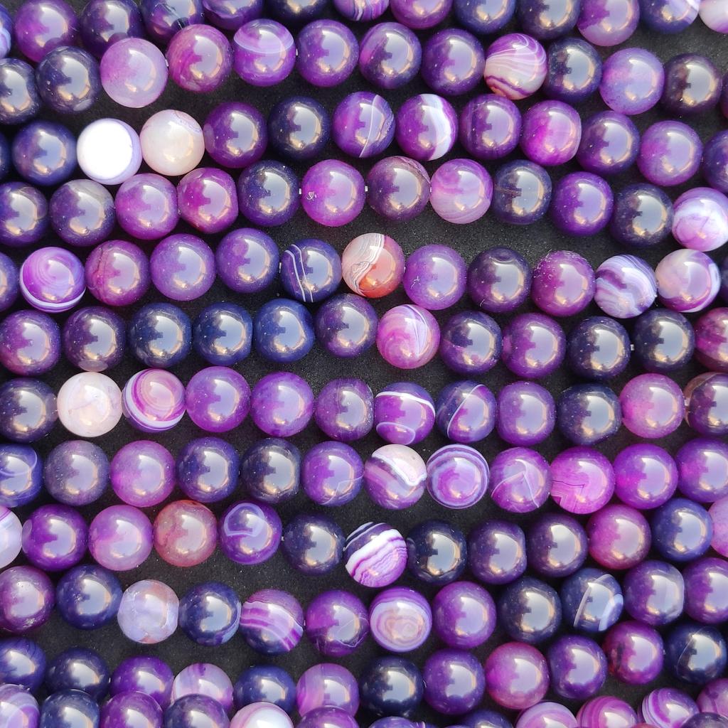 Contas de ágata roxa listrada, contas redondas lisas, tamanhos 6 mm, 8 mm e 10 mm, contas de 14 a 15 polegadas.
