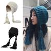 Solid Color Long Twist Braid Beanie Hat Ear Flaps Knitted Hat for Outdoor Sport