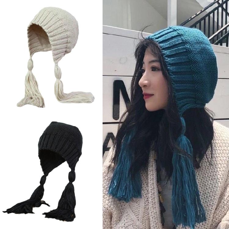 Solid Color Long Twist Braid Beanie Hat Ear Flaps Knitted Hat for Outdoor Sport