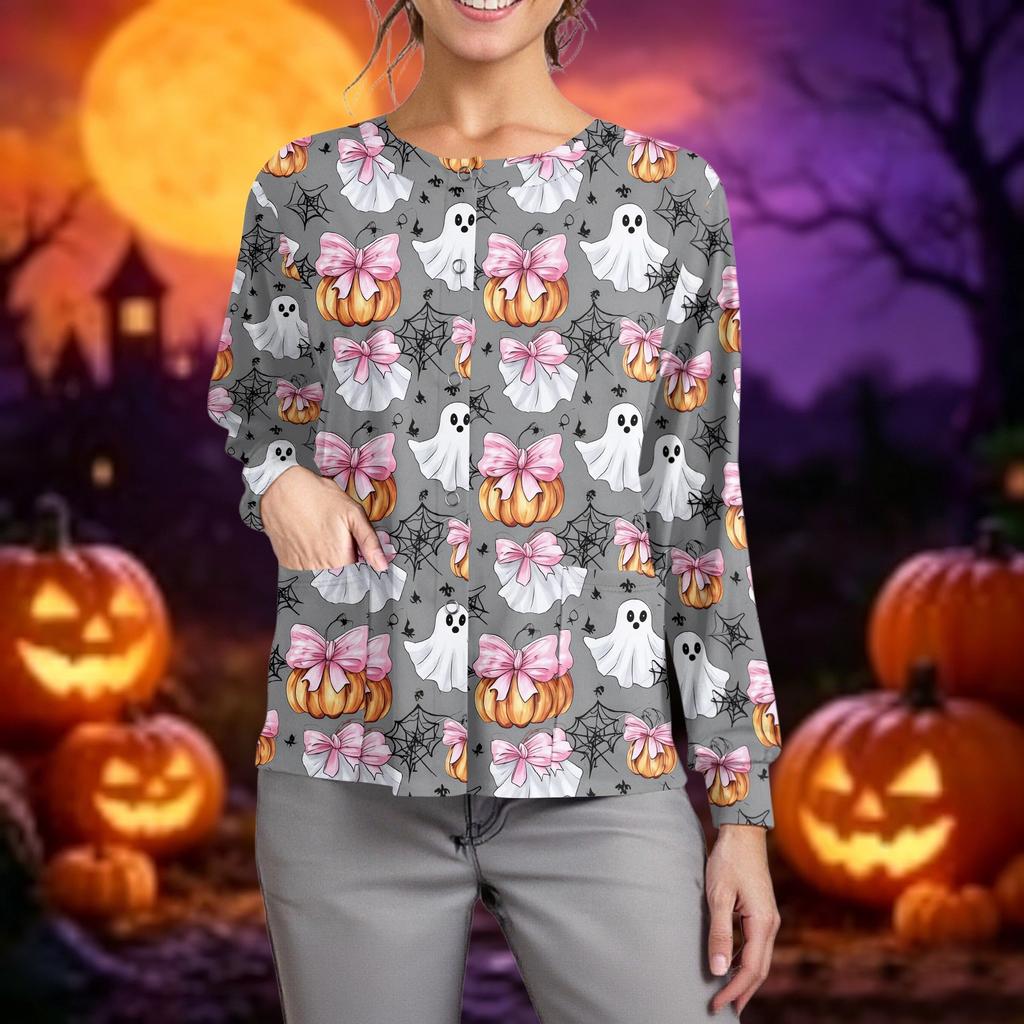 Women's Casual Long Sleeve Single Breasted Cardigan Halloween Print Medical Scrub Top Button Down Pullover Shirt