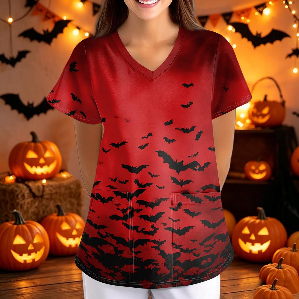 Women Halloween Print Loose V Neck Short Sleeve Medical Scrub Top Nurse Uniform with Pockets Comfortable Fit Professional Workwear