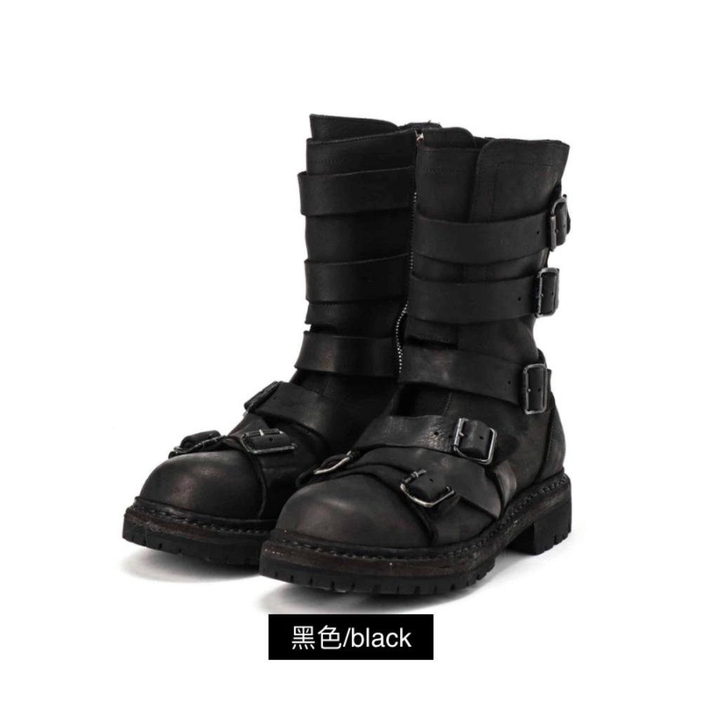Męskie Skórzane Buty Motocyklowe Punk Retro Gruba Podeszwa Do Połowy Łydki Buty Rycerskie Czarne Miękkie Paski z Klamrą Wysokie Buty Mokasyny