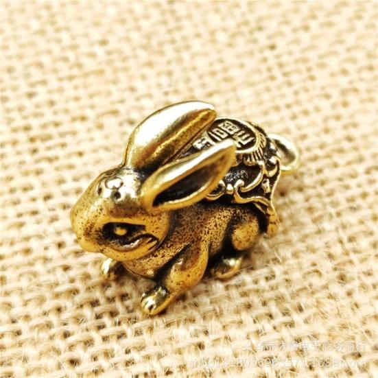 Vintage Realistic Brass Zodiac Animal Rabbit Miniature Keychain Pendant Car