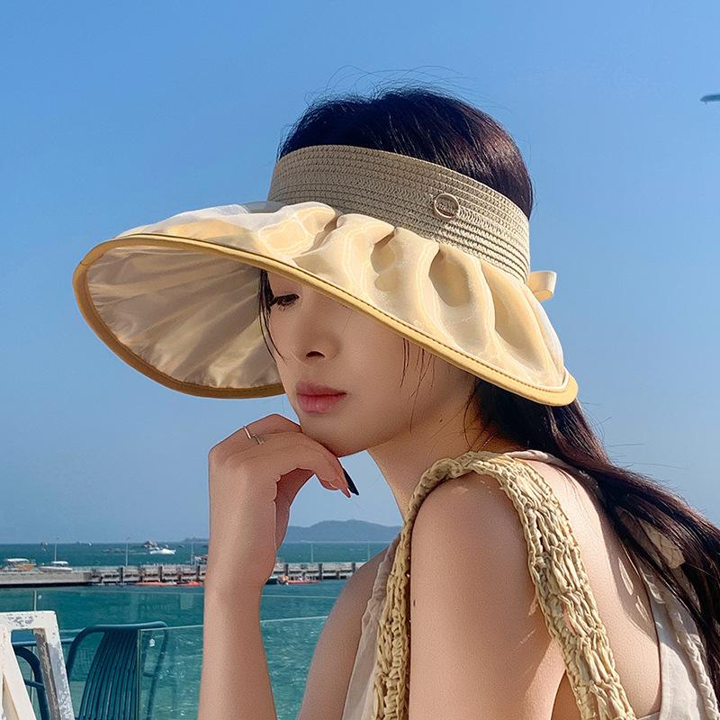 

2025 new big brim shell visor double-sided straw bucket hat summer meal ultraviolet empty top hat