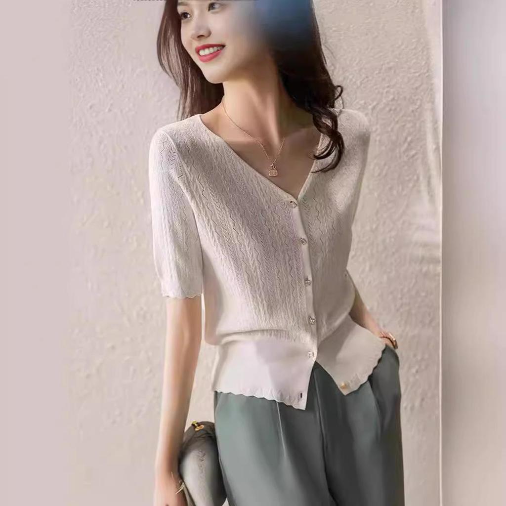 Women's Ice Silk Knit Hollow Out Cardigan & Skirt Set - Summer Short Sleeve Loose Fit