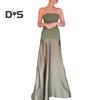Women's Strapless Tube Top Maxi Dress Off Shoulder Patchwork Evening Dress Satin Bodycon Long Dress for Cocktail Party Wedding