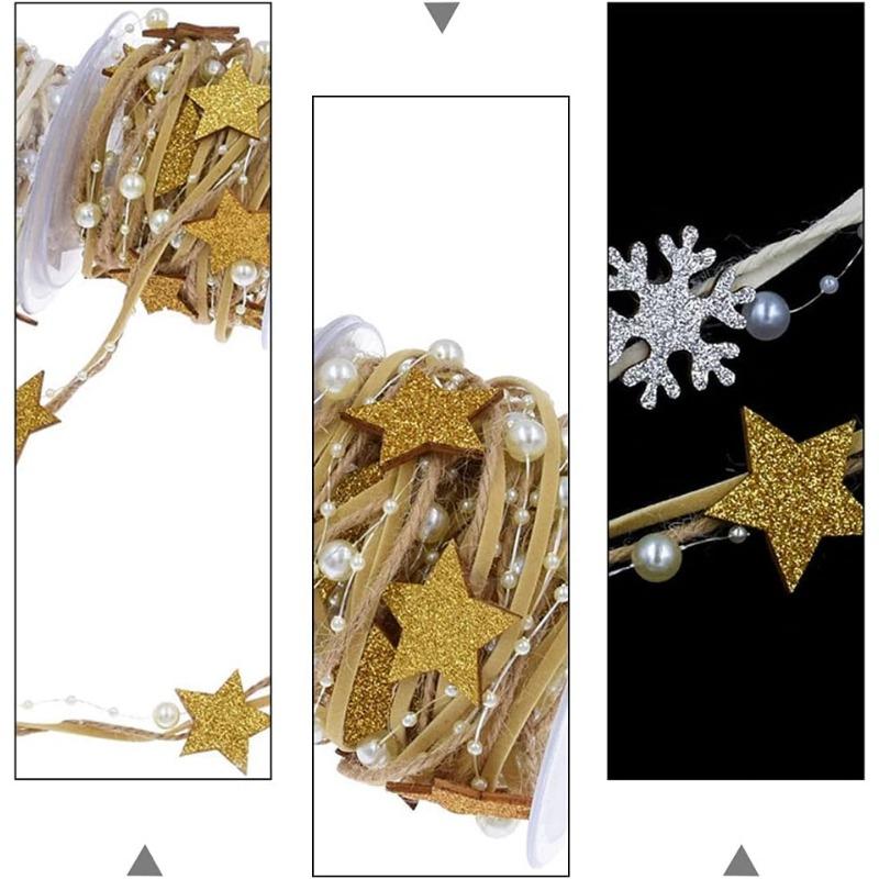 2/5m Pearl Bead Chain Christmas Ribbon with Snowflake and Star Decorations – Ideal for Christmas Tree Weddings and DIY Crafts