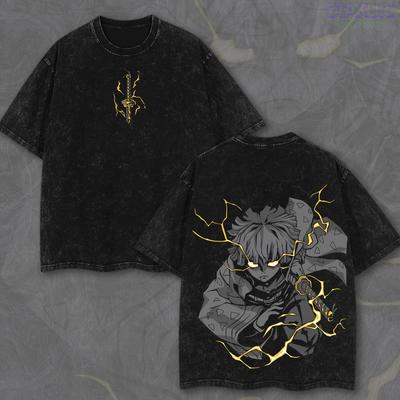 Vintage Spierana Koszulka z Graficznym Wzorem Zenitsu, Oversize Koszulka Streetwearowa Anime