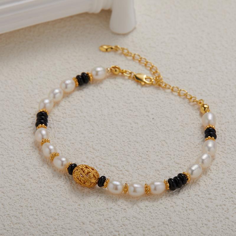 S925 Sterling Silver Natural Pearl And Black Agate Color Bracelet Women'S Fashion Premium Handmade Beaded Chain Earrings