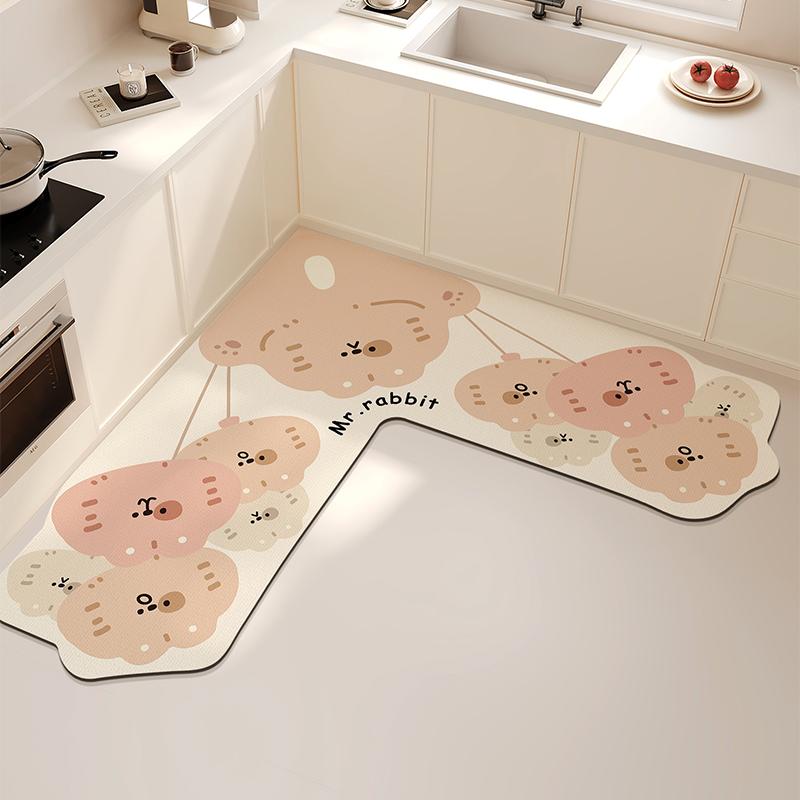 L-shaped Kitchen Carpet Cute Cartoon Diatom Mud Floor Mat Creative Water-absorbing Corner Bathroom Mats Non-slip Washable Rug IG