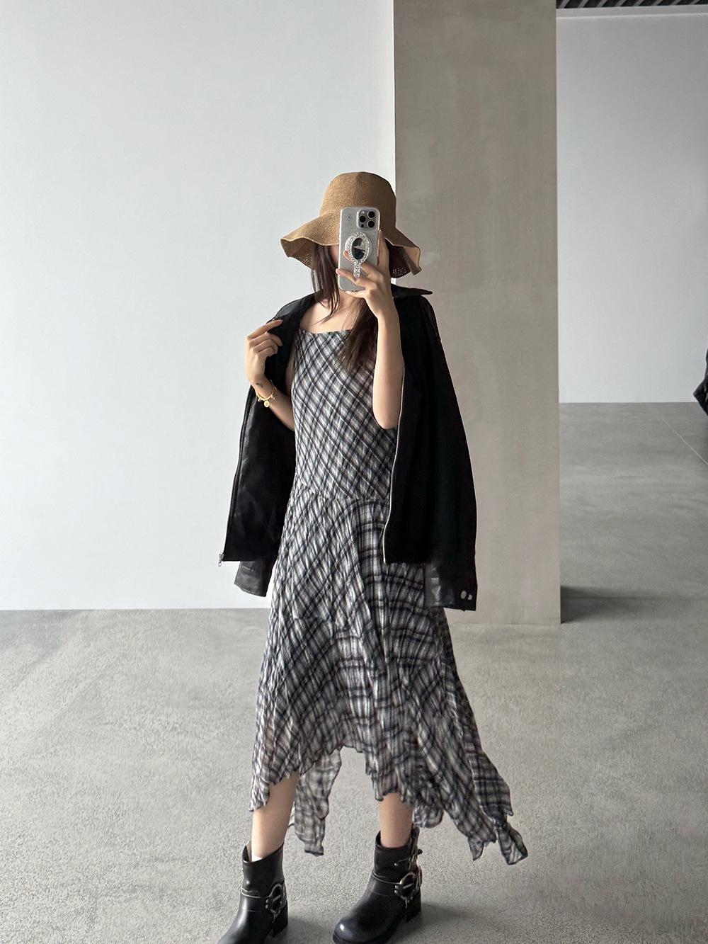 

Wang Qizhi Retro Plaid A-line Summer Dress with Strappy Irregular Hem - WQ201 M (suitable for 100-125 jin) чорний