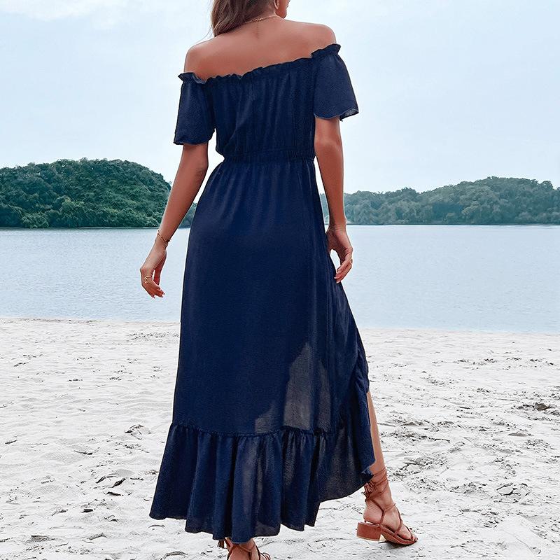 Summer vacation women's clothing solid color one-word shoulder irregular dress