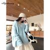Korean Fashion Autumn Winter Women Knitted Sweater V Neck Oversized Blue Knitting Cardigan Baggy Ladies' Sweet Warm Outerwear