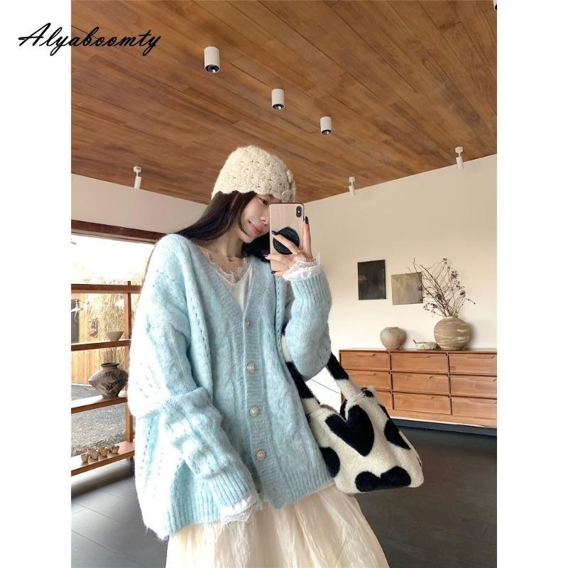 Korean Fashion Autumn Winter Women Knitted Sweater V Neck Oversized Blue Knitting Cardigan Baggy Ladies' Sweet Warm Outerwear