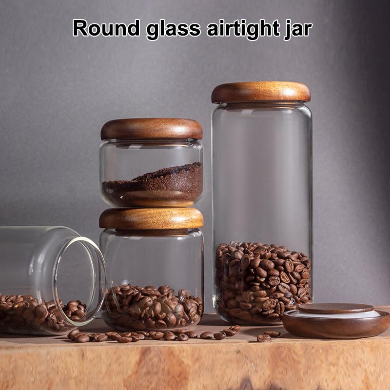1Pcs Wooden Cover Coffee Beans Vacuum Sealed Tank Transparent Glass Food Storage Jars Household Moisture-Proof Container