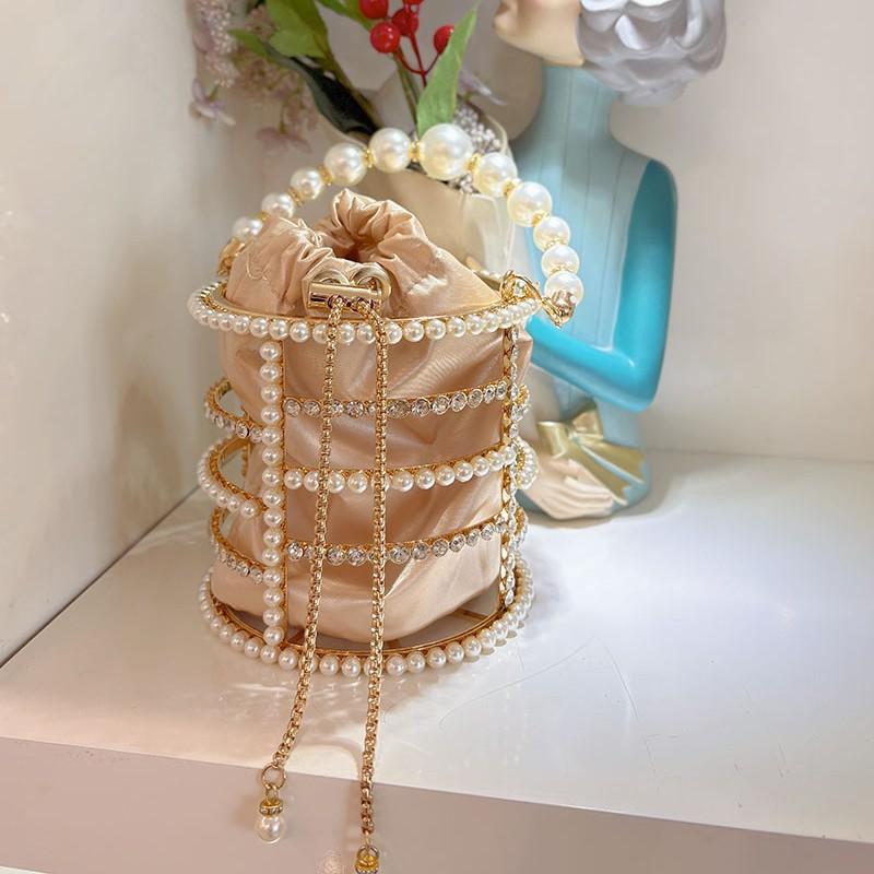 French Hollow Silk Satin Shiny Bleeding Water Diamond Vegetable Basket Banquet Pearl Bucket Clutch Messenger Bag