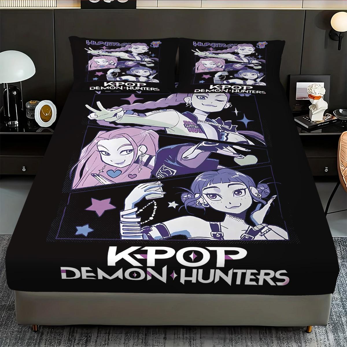 

3 шт. Комплект простыней без резинки с принтом K-Pop Demon Hunters, разные размеры, мягкое покрывало для кровати, украшение для спальни, можно стирать в машине 90x191