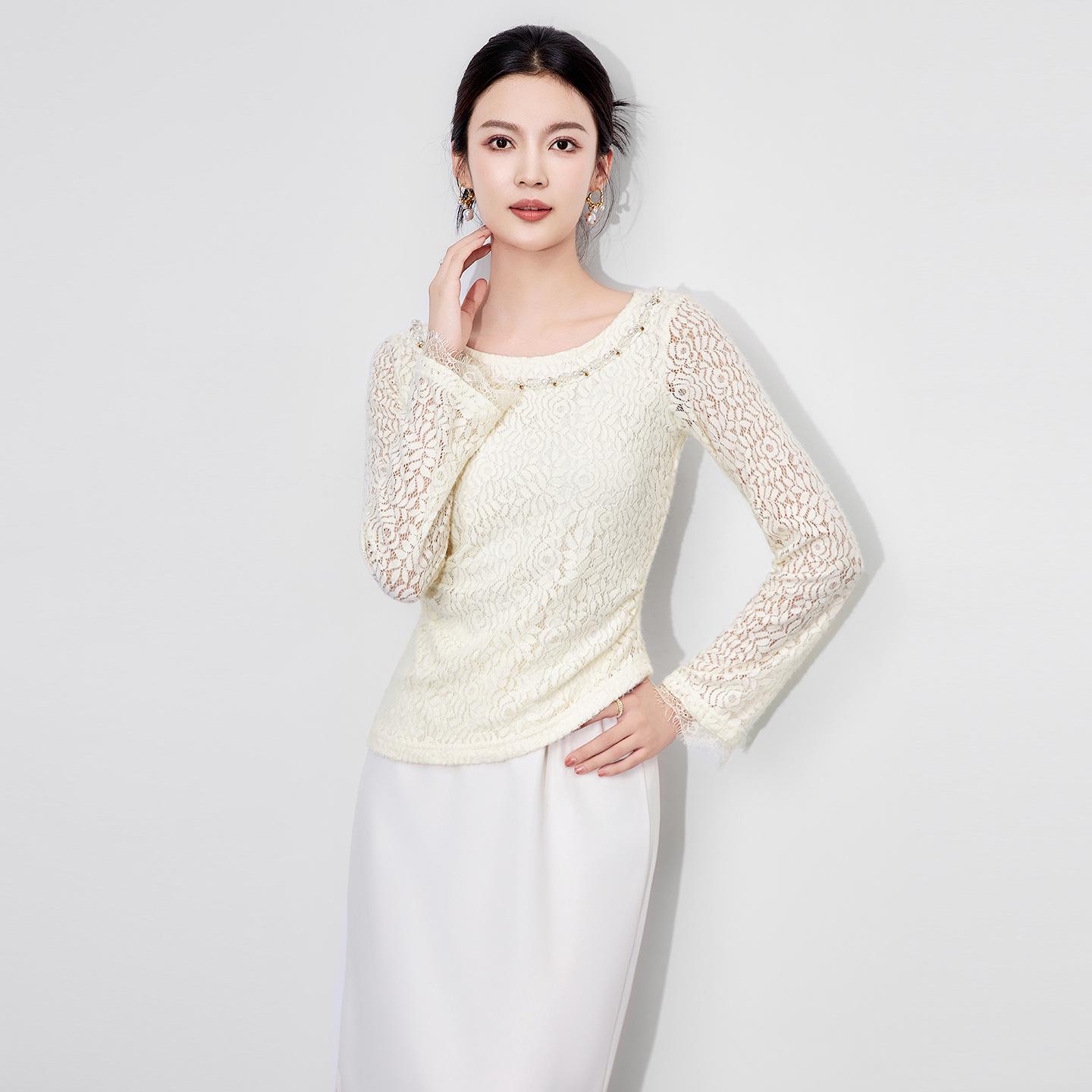 

Nanyou Elegant French One-Shoulder Beaded Lace T-Shirt L