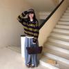 Contrast Color Striped POlO Shirt Autumn and Winter New Loose Lazy Style Soft Waxy Knitted Sweater Top Lapel Sweater