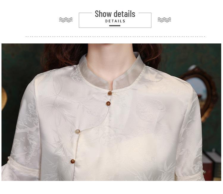 2026 Women's New Chinese Style Stand Collar Jacquard Shirt - Versatile Dark Floral Retro Chiffon Design