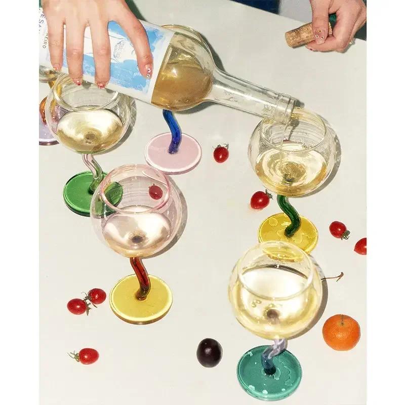 1pcs Multicolored Red Wine Glass Glass Cup with Curved Bottom Design Colorful Transparent Large Belly Red Wine Glass