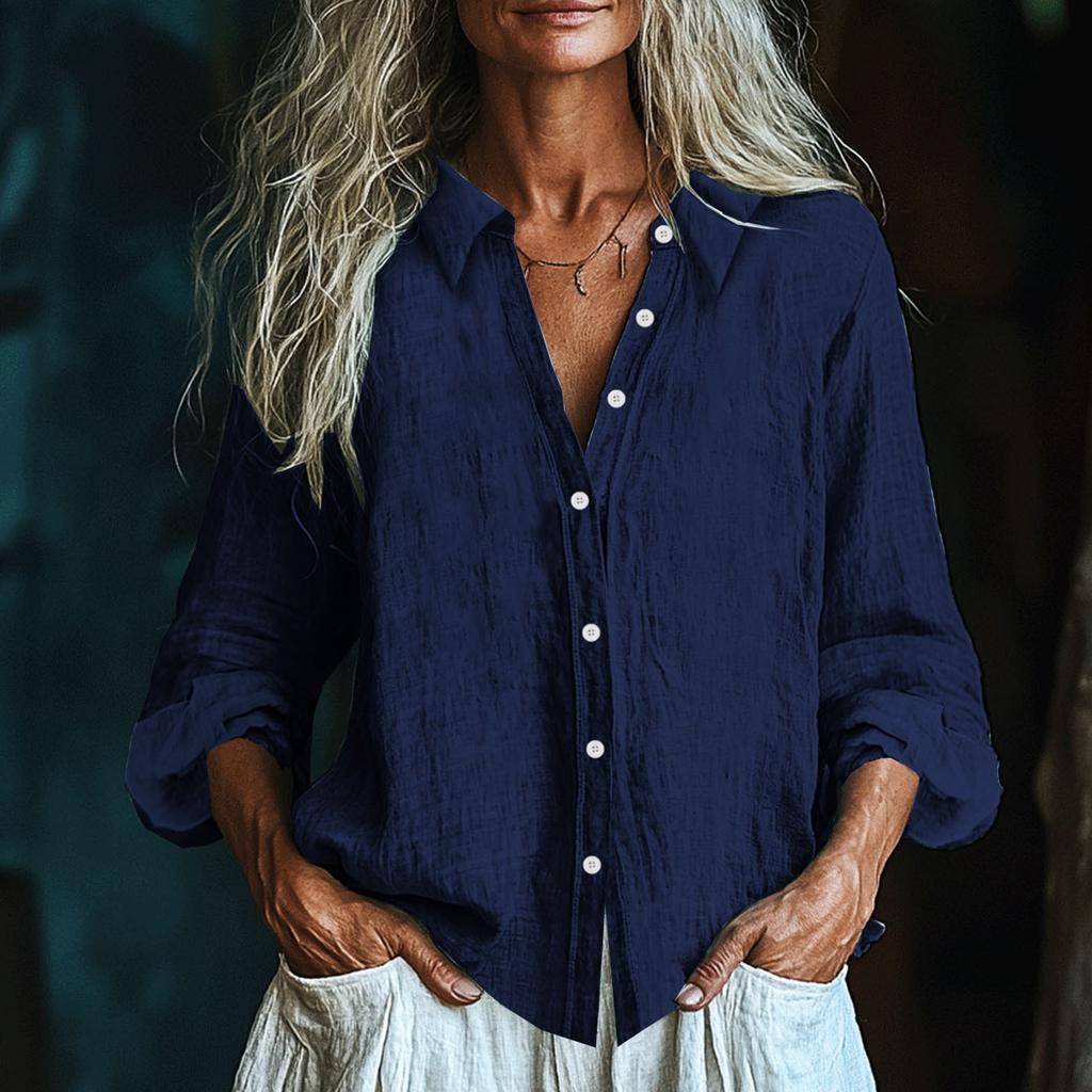 Women's Fashionable And Casual Solid-color Long-sleeved Cotton And Linen Shirt Top