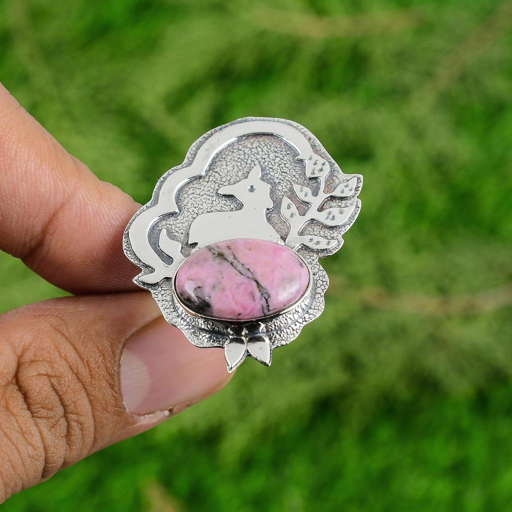 Heart Chakra Oval Rhodonite Gemstone Bezel Mother Solitaire Ring Sterling Silver