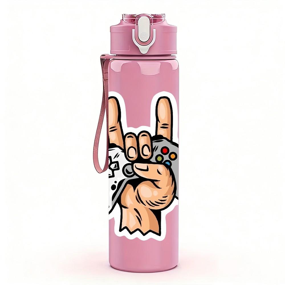 1PC Hand Holding Game Controller Pattern 750ml Color Plastic Sports Water Bottle Leakproof Flip Straw Lid Suitable for Sports Office Home Use