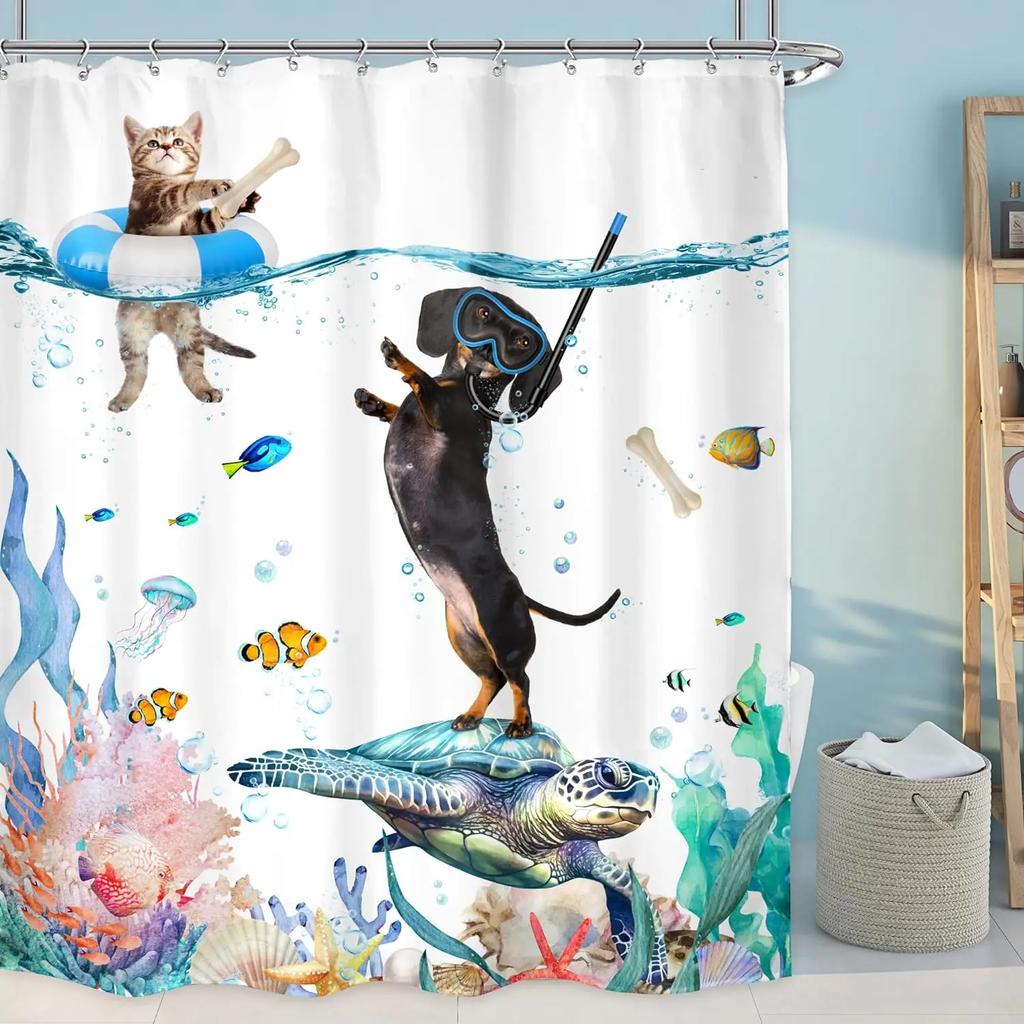 Funny Cat Shower Curtain, Colourful Galaxy Funny Riding Shark In Ocean, Beach Cartoon Turtle Coral Laser Bathroom Decoration
