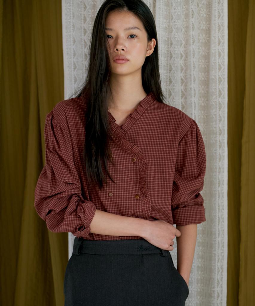 Poeteuseoul Double Button Check Blouse_Wine