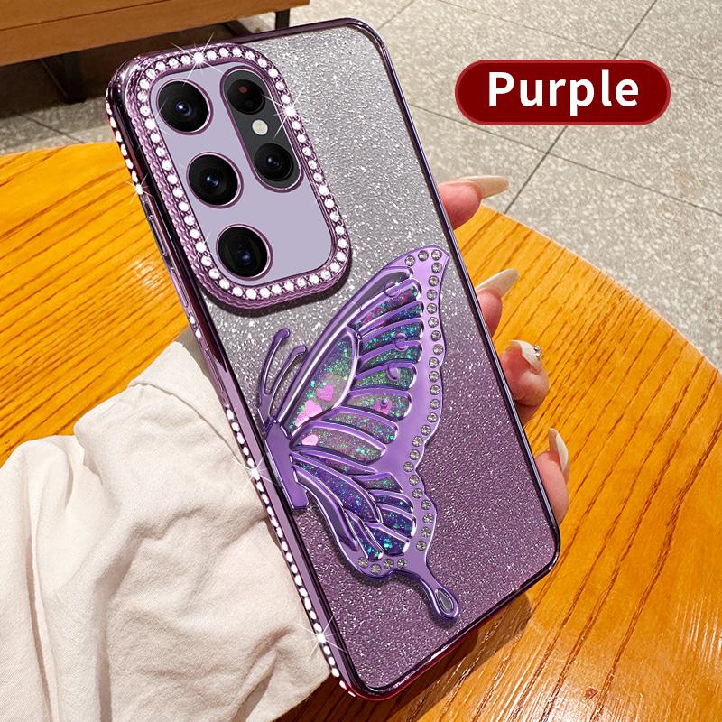 Diamond Glitter Liquid Quicksand Butterfly Phone Holder Case for Samsung Galaxy S25 S24 S23 S22 S21 S20 Ultra FE Plus Cover