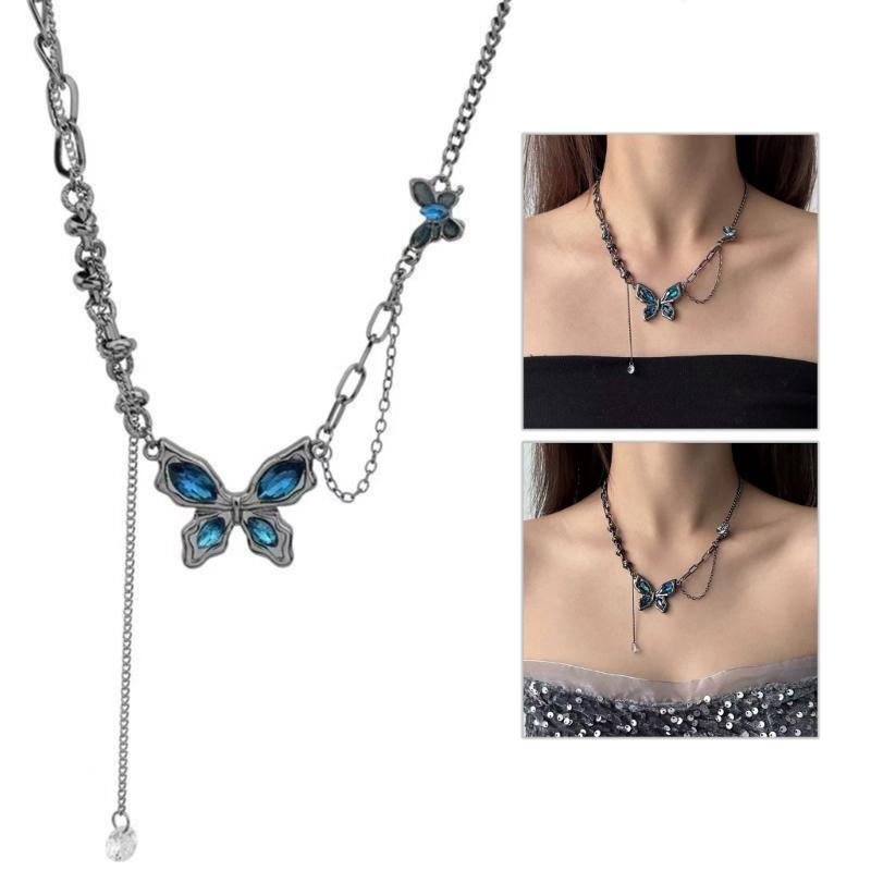 Edgy Blue Butterfly Layering Chain Necklace Artisanal Crafted Punk Accessory Daily Wear Special Occasions